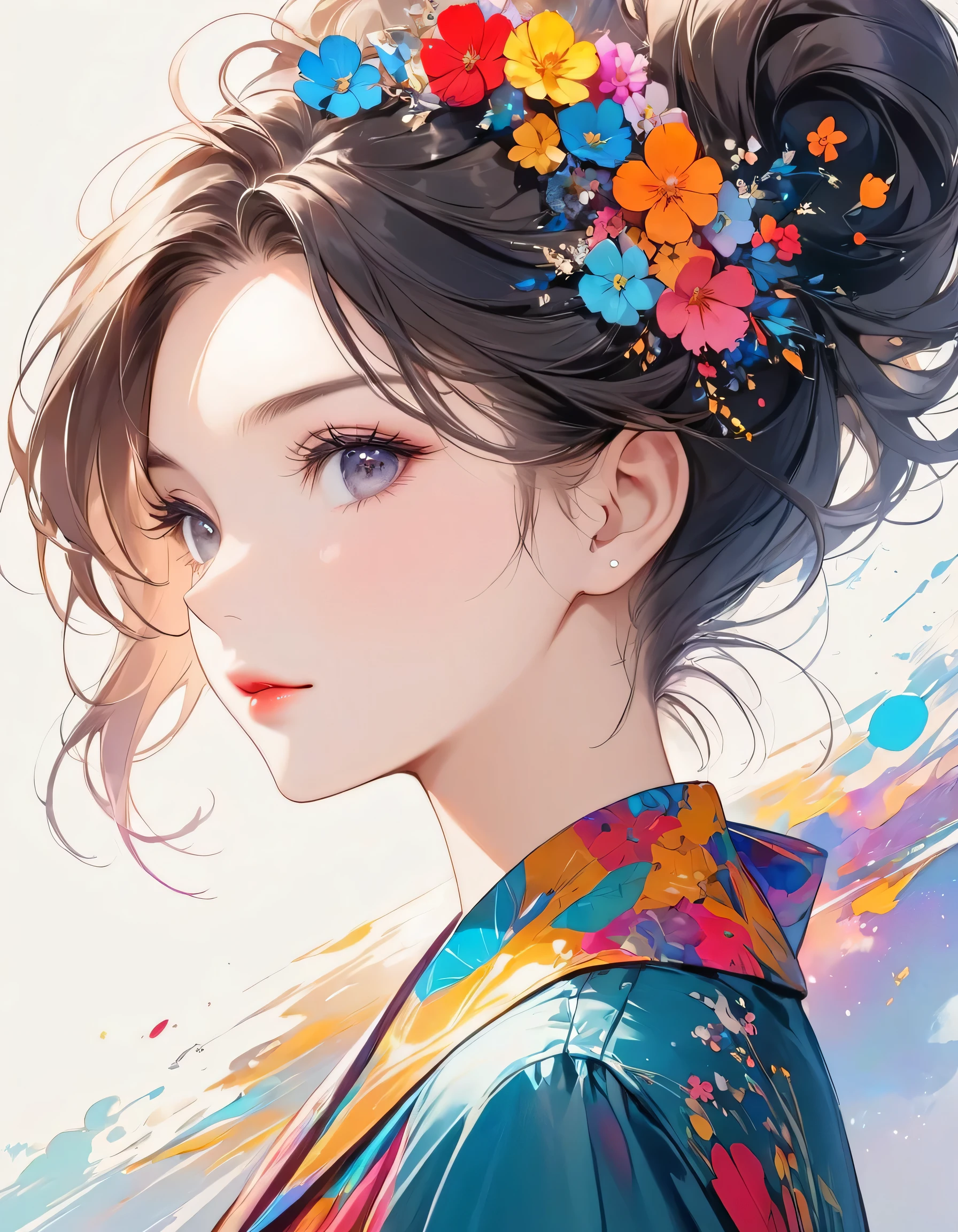 Joseph Mallord William Turner colorful style, Simple Line Initialism,Abstract art,Urban Background, (((The most beautiful girl of all time))), black eyes, Sweet face. Lips in love, colorful hearts, stylish design