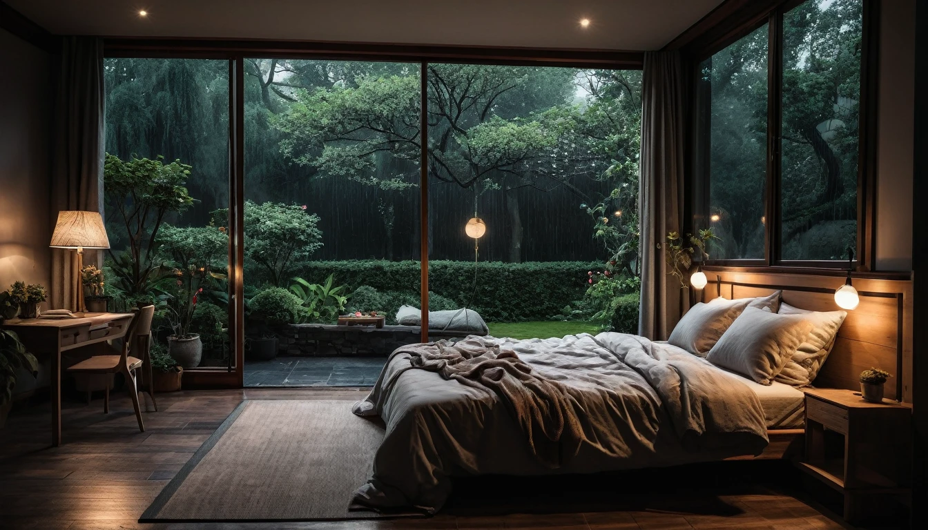 The picture shows a cozy gloomy bedroom, with a large window offering a view of a beautiful, dimly lit garden AND a garden soaked in FLOWERS, the cobblestones of the Japanese house concept. CINEMATIC, JAPANESE HOUSE, the shape of a Japanese house, and lots of flower gardens in the garden. The bed was unmade with led sheets, indicating only a light sleep. the room is dark, gloomy, looks dim, gloomy. Beside the bed there is a small table with a classic lamp that radiates warm light into the room. Outside the window you can see the lush greenery of the terrace or balcony area, the rain is falling, the lamp on the left provides warm lighting, creating a calm and peaceful atmosphere. with fog obscuring part of the view in the distance. The contrast between the warmth indoors and the rain outdoors creates an inviting and calming atmosphere