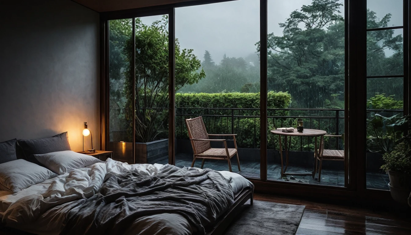 The picture shows a cozy gloomy bedroom, with a large window offering a view of a beautiful, dimly lit garden AND a garden soaked in FLOWERS, the cobblestones of the Japanese house concept. CINEMATIC, JAPANESE HOUSE, the shape of a Japanese house, and lots of flower gardens in the garden. The bed was unmade with rumpled sheets, indicating only a light sleep. the room is dark, gloomy, looks dim, gloomy. Beside the bed there is a small table with a classic lamp that radiates warm light into the room. Outside the window you can see the lush greenery of the terrace or balcony area, the rain is falling, the lamp on the left provides warm lighting, creating a calm and peaceful atmosphere. with fog obscuring part of the view in the distance. The contrast between the warmth indoors and the rain outdoors creates an inviting and calming atmosphere