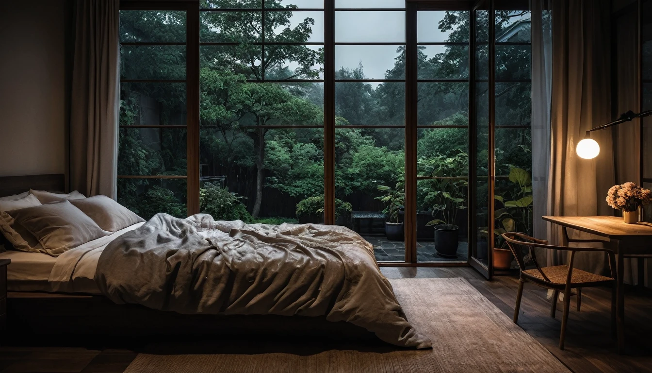 The picture shows a cozy gloomy bedroom, with a large window offering a view of a beautiful, dimly lit garden AND a garden soaked in FLOWERS, the cobblestones of the Japanese house concept. CINEMATIC, JAPANESE HOUSE, the shape of a Japanese house, and lots of flower gardens in the garden. The bed was unmade with rumpled sheets, indicating only a light sleep. the room is dark, gloomy, looks dim, gloomy. Beside the bed there is a small table with a classic lamp that radiates warm light into the room. Outside the window you can see the lush greenery of the terrace or balcony area, the rain is falling, the lamp on the left provides warm lighting, creating a calm and peaceful atmosphere. with fog obscuring part of the view in the distance. The contrast between the warmth indoors and the rain outdoors creates an inviting and calming atmosphere