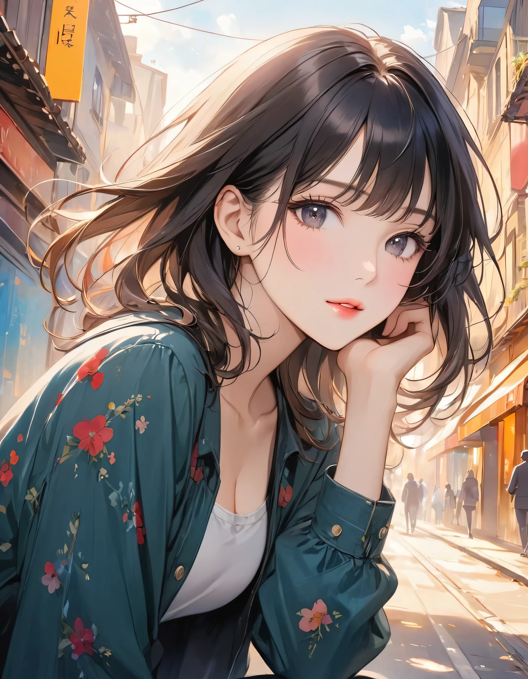 Joseph Mallord William Turner colorful style, Simple Line Initialism,Abstract art,Urban Background, (((The most beautiful girl of all time))), black eyes, Sweet face. Lips in love, colorful hearts, stylish design
