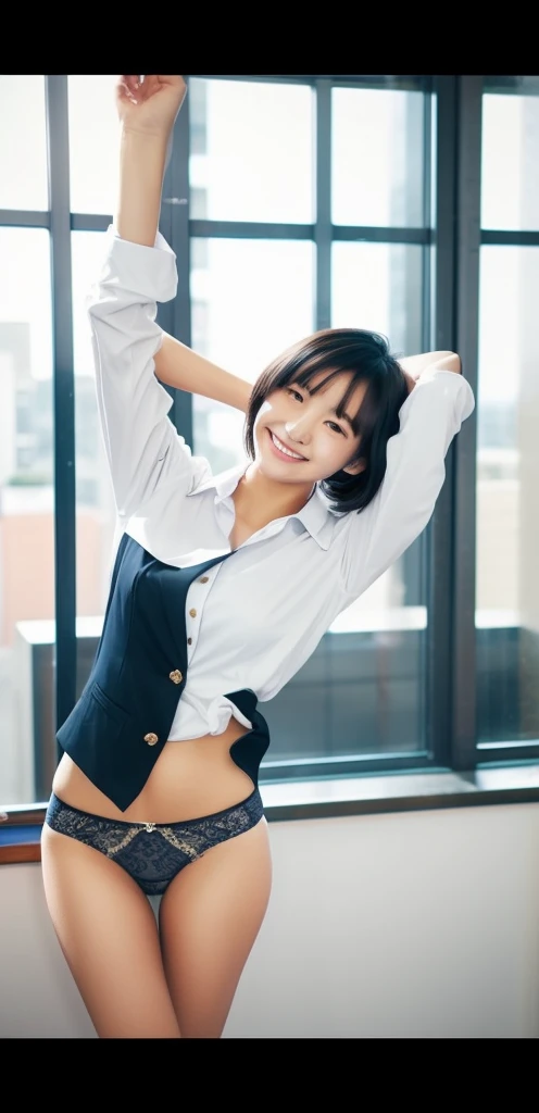 （Wearing a dress shirt and business jacket:1.8）,look at the camera with a smile、（Wearing panties）、woman, 20-year-old, Short Hair,Please expose my panties...、(Lace panties)、(Tilt your head a little)、Detailed skin、Detailed skin、Detailed Sweat