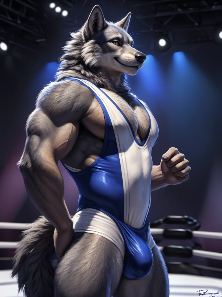 (side view:1.1)by personalami, by meesh, by honovy, by taran fiddler, male, solo, anthro (wolf;1.1), (blue fur:1.1), blue skin, white chest fur, ,adult, ((photorealistic, hyperrealistic, ultra detailed, 4k hd)), natural pose, (muscular, large pecs:1.3), ((standing)), ((wearing black and white wrestling singlet;1.1)), ((looking at viewer, confident smile)), bulge, ((pose:1.2)), ((wresling ring background))