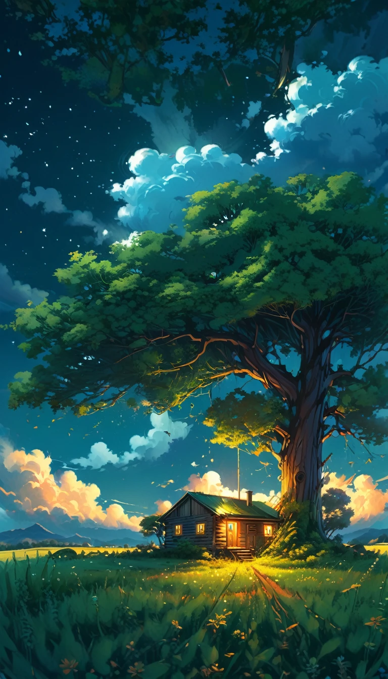 a painting of a cabin under a tree in a field, makoto shinkai cyril rolando, anime art wallpaper 4k, anime art wallpaper 4 k, anime background, anime art wallpaper 8 k, anime background art, anime landscape wallpaper, amazing wallpaper, hd wallpaper, anime wallpaper 4k, anime wallpaper 4 k, anime countryside landscape, 4k highly detailed digital art