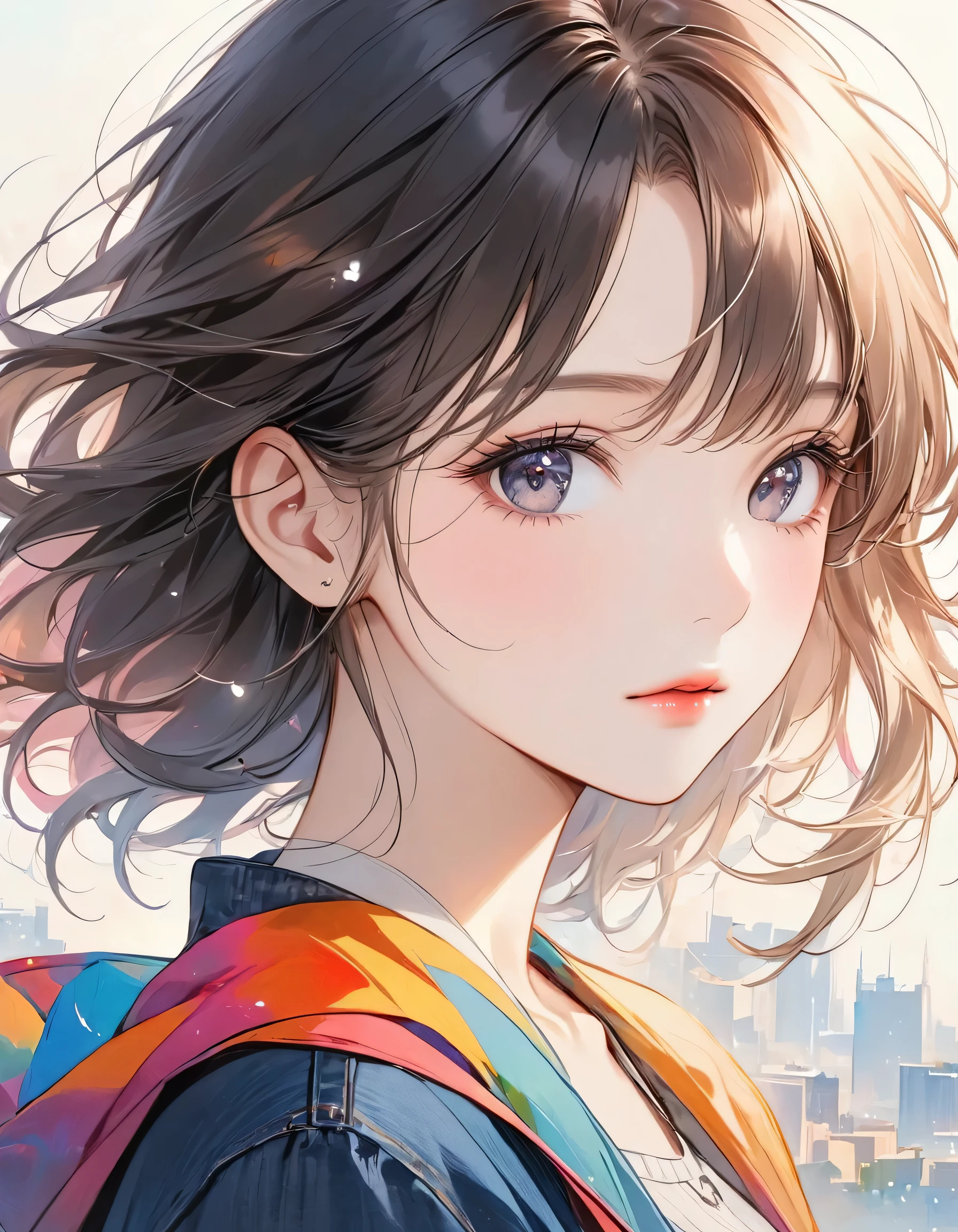 Joseph Mallord William Turner colorful style, Simple Line Initialism,Abstract art,Urban Background, (((The most beautiful girl of all time))), black eyes, Sweet face. Lips in love, colorful hearts, stylish design