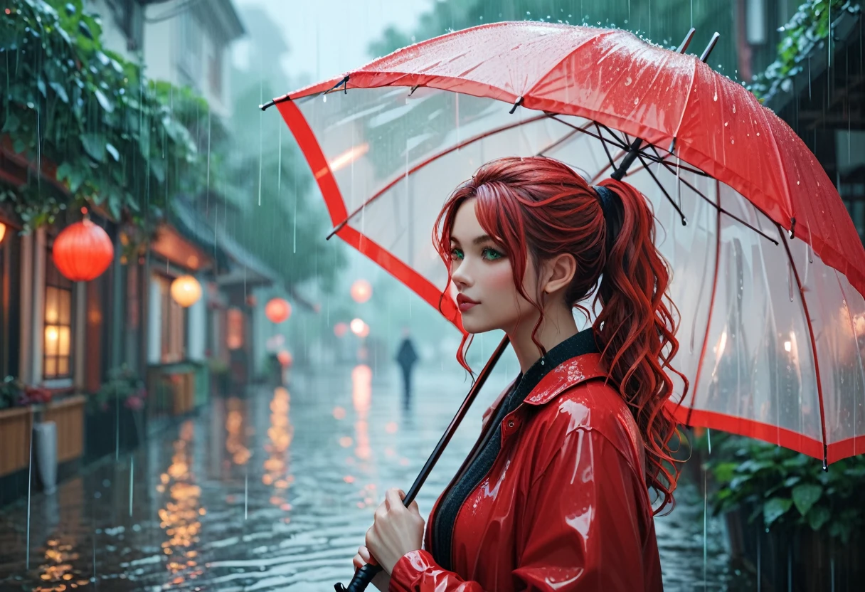 score_9, score_8_up, score_7_up, score_6_up, score_5_up, 1girl with long wavy red hair in ponytail, green eyes, holding umbrella, outside, rain