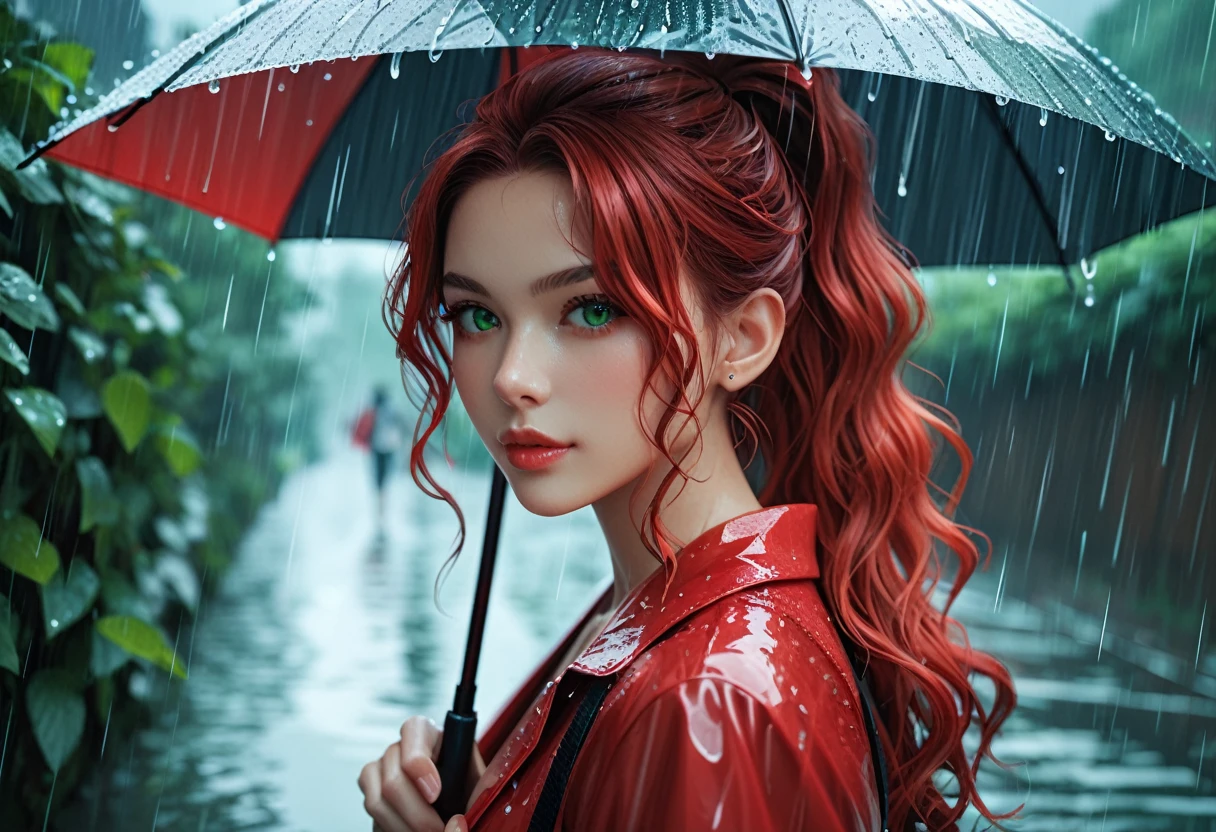 score_9, score_8_up, score_7_up, score_6_up, score_5_up, 1girl with long wavy red hair in ponytail, green eyes, holding umbrella, outside, rain