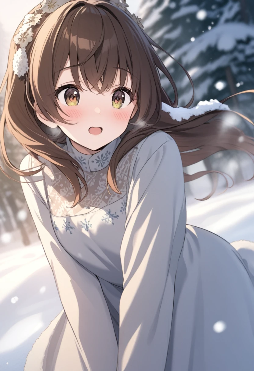 Woman with dark brown hair.Hazel eyes.She wears a winter dress.Playing in the snow