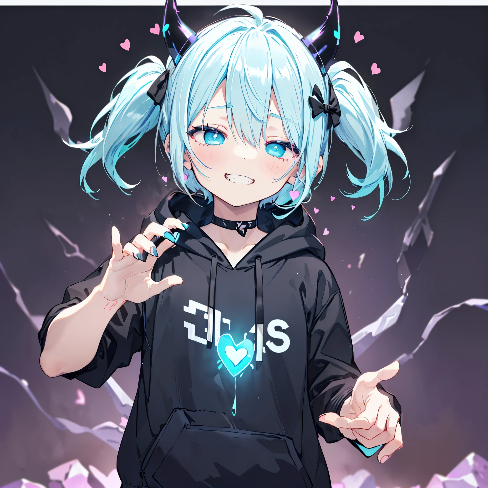 ((((jagged、Open your mouth、Grin　background、shining heart　Making a Heart　front))))　(((Black hoodie、Wearing a hood　Devil horns　Twin tails、Neon Blue　Neon Blueの目、Wink)))　((Shiny Earrings　Small black ribbon))　Shining Edges　輝くbackground