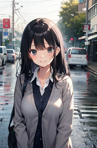 （Cute older sister:1.3）、smile,Spring atmosphere、cardigan、Daytime、hot、The road to school、Long black hair、rain、university student、Big Breasts