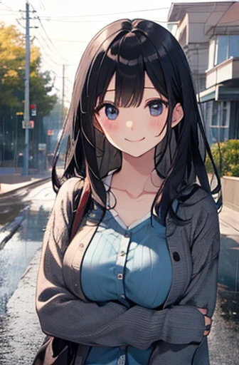 （Cute older sister:1.3）、smile,Spring atmosphere、cardigan、Daytime、hot、The road to school、Long black hair、rain、university student、Big Breasts