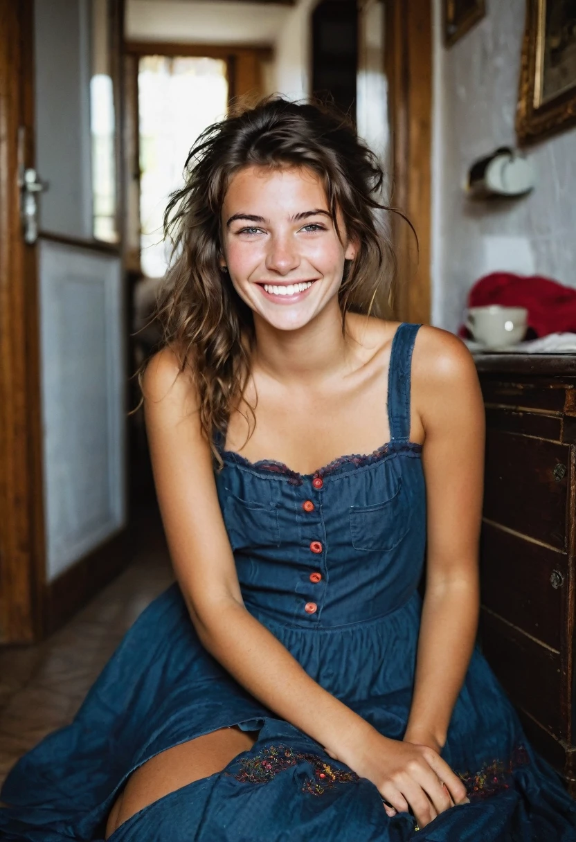 20-year-old French girl, assise en robe brunette, yeux de couleurs marrons foncé, grand sourire EN TRAIN DE RIRE LA MAIN DEVANT LA BOUCHE , Messy hair but not too messy, photos in a lit house