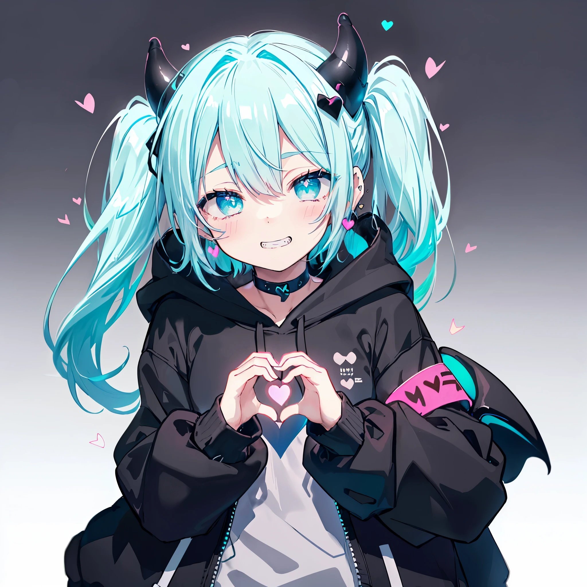 ((((jagged、Open your mouth、Grin　background、shining heart　Making a Heart　front))))　(((Black hoodie、Wearing a hood　Devil horns　Twin tails、Neon Blue　Neon Blueの目、Wink)))　((Shiny Earrings　Small black ribbon))　Shining Edges　輝くbackground