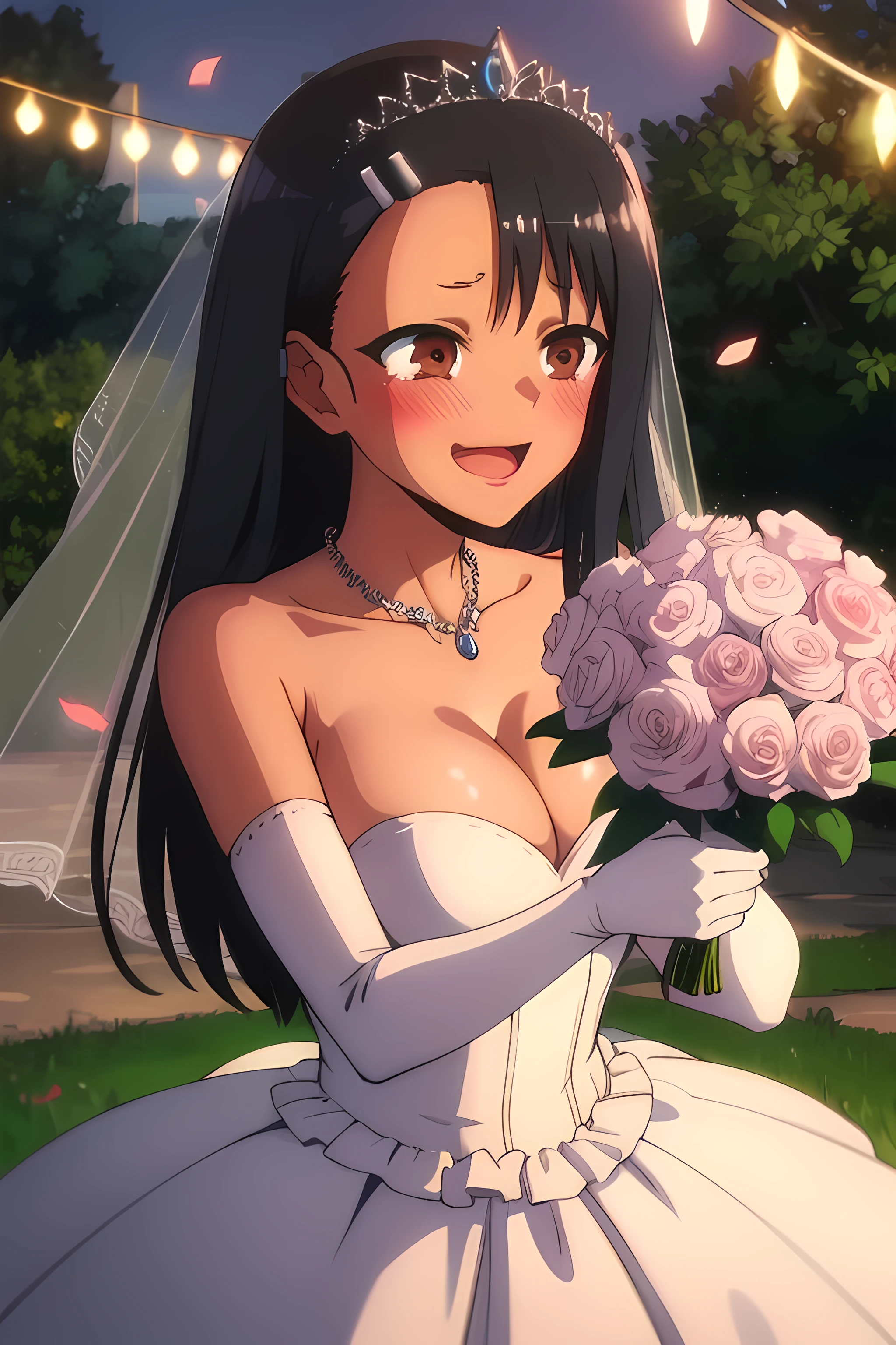 masterpiece, best quality, highres, aaichika, tiara, bridal veil, necklace, cleavage, wedding dress, strapless dress, white dress, white gloves, elbow gloves, garden on background, smile, open mouth, tears, upper body, confetti, holding bouquet, bouquet, Pink lipstick on the lips, breasts, shining breasts, nagatoro hayase, hair ornament, brown eyes, hairclip ,dark skin, black hair, huge breasts