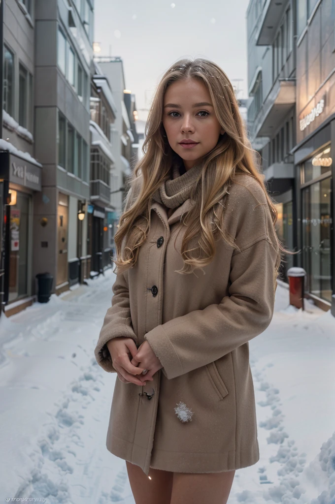 professional portrait photograph of a gorgeous Norwegian girl in winter clothing with long wavy blonde hair, sultry flirty look, gorgeous symmetrical face, cute natural makeup, wearing elegant warm winter fashion clothing, ((standing outside in snowy city street)), stunning modern urban environment, ultra realistic, concept art, elegant, highly detailed, intricate, sharp focus, depth of field, f/1. 8, 85mm, medium shot, mid shot, (((professionally color graded))), bright soft diffused light, (volumetric fog), trending on instagram, hdr 4k, 8k