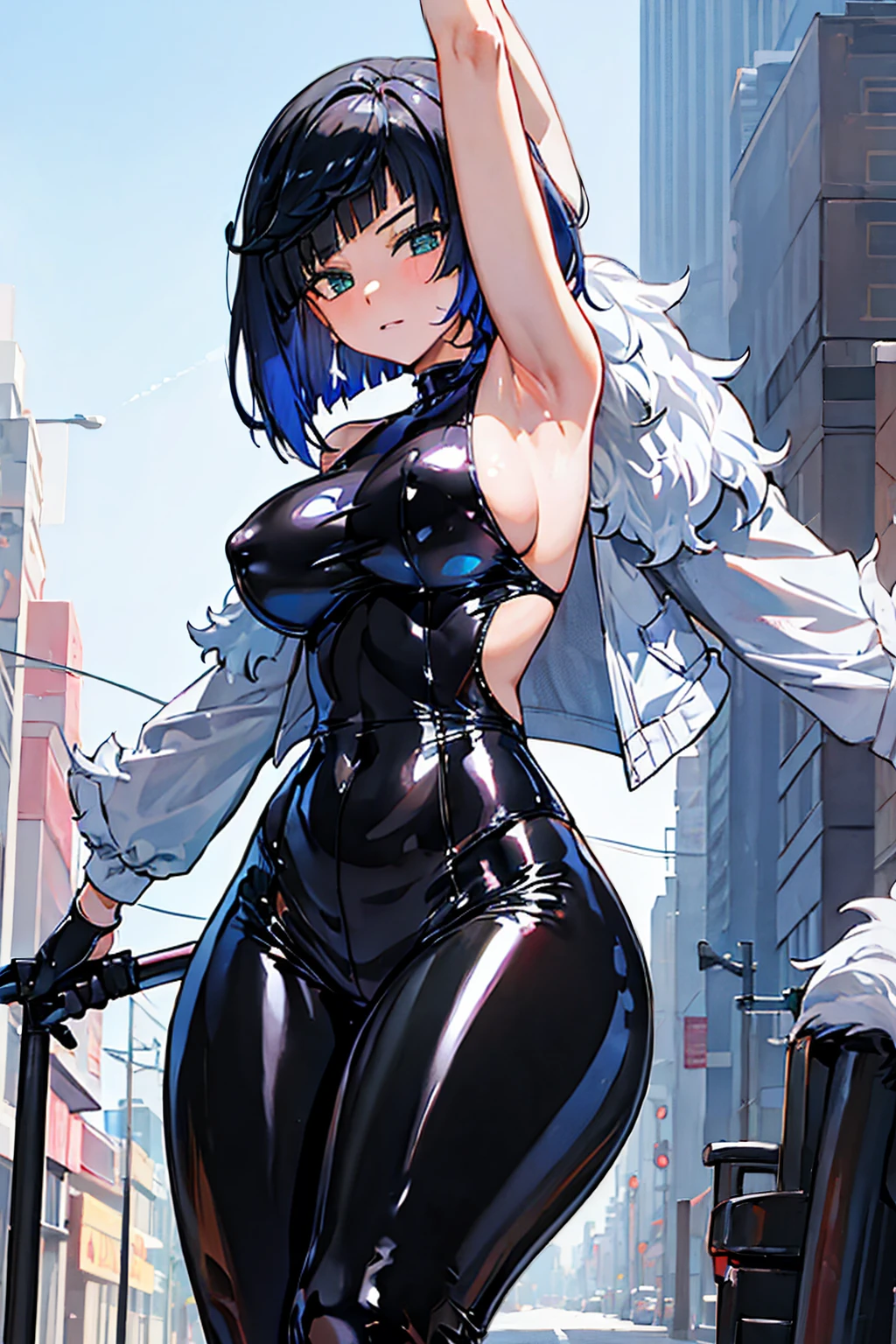 ((best quality)), ((masterpiece)), (detailed), wide open legs, close in view, visible tights, best anatomy, anime girl in black latex posing on the street, seductive anime girl, oppai, wearing latex, black shiny latex, visible armpits, pony tail behind