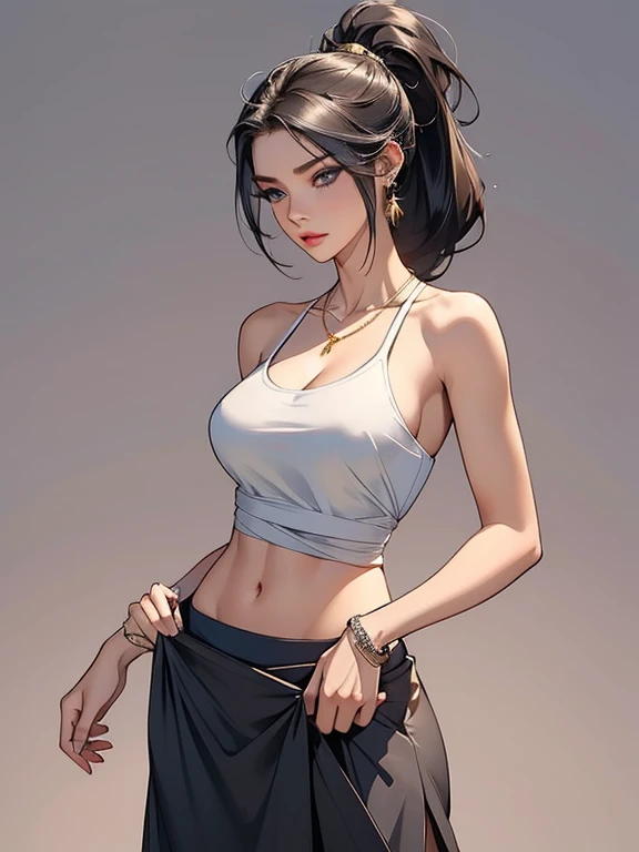 cor plana, maquiagem, mascara, The lips are soft or colorful, fundo preto simples, minimalismo, monotone, paletas de cores simples, limpo, Projetos afiados, silhuetas fluidas, skirts and tight pants, high-waisted skirts and pants, vestidos simples, camisas e blusas, assymetrical, geometric, Materiais e designs elegantes e luxuosos, simples, Minimal accessories, Necklaces and thin rings in silver or gold, Pulseiras simples, Designs diferenciados, silhuetas simples, estilo simples e sofisticado, elegence, minimalismo, materiais de alta qualidade, Fresh and urban printing, alta moda, Simplicity and sophistication, tan skin, ponytail, hair between eyes, cute,slutty,sensual,seductive look,seductive,((erotic)),opulent,sumptuous,((nsfw)) large breasts, (blue eyes), abs, very long hair