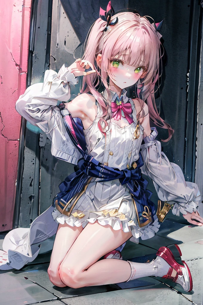 She has olive green eyes and long blonde hair that is braided over her shoulders., Tied with a little ribbon and a heart, Pale pink scrunchie, Red Clip. Her hair color is lighter、It stretched very long, Worn in pigtails tied with a deep pink ribbon with a red heart. she金のハートのイヤリングを手に入れた. she、With white ruffle trim、She is wearing a pale pink ruffled dress with a pink lined band down the center。. A white ribbon with a ruby heart on the chest, A yellow ribbon is tied around her waist、Fastened with a small heart、A wallet is hanging from it. Her shoes are pale pink.、The soles are pink、It comes with white ruffled leg warmers that match the sleeves.。, Adorned with a pink ribbon and a ruby heart.
