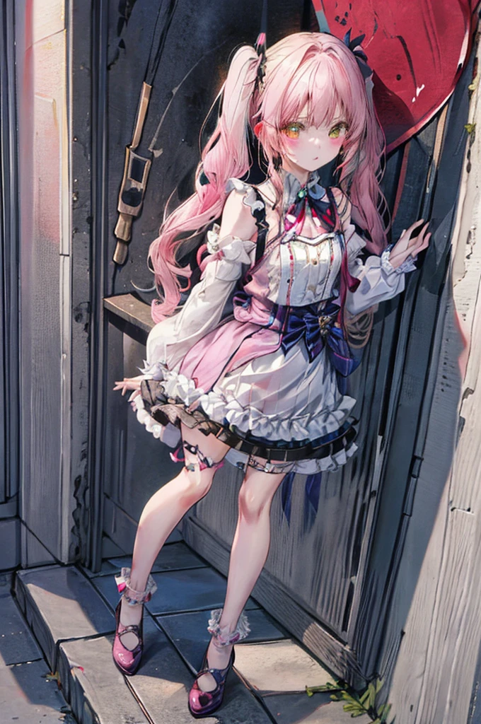 She has olive green eyes and long blonde hair that is braided over her shoulders., Tied with a little ribbon and a heart, Pale pink scrunchie, Red Clip. Her hair color is lighter、It stretched very long, Worn in pigtails tied with a deep pink ribbon with a red heart. she金のハートのイヤリングを手に入れた. she、With white ruffle trim、She is wearing a pale pink ruffled dress with a pink lined band down the center。. A white ribbon with a ruby heart on the chest, A yellow ribbon is tied around her waist、Fastened with a small heart、A wallet is hanging from it. Her shoes are pale pink.、The soles are pink、It comes with white ruffled leg warmers that match the sleeves.。, Adorned with a pink ribbon and a ruby heart.