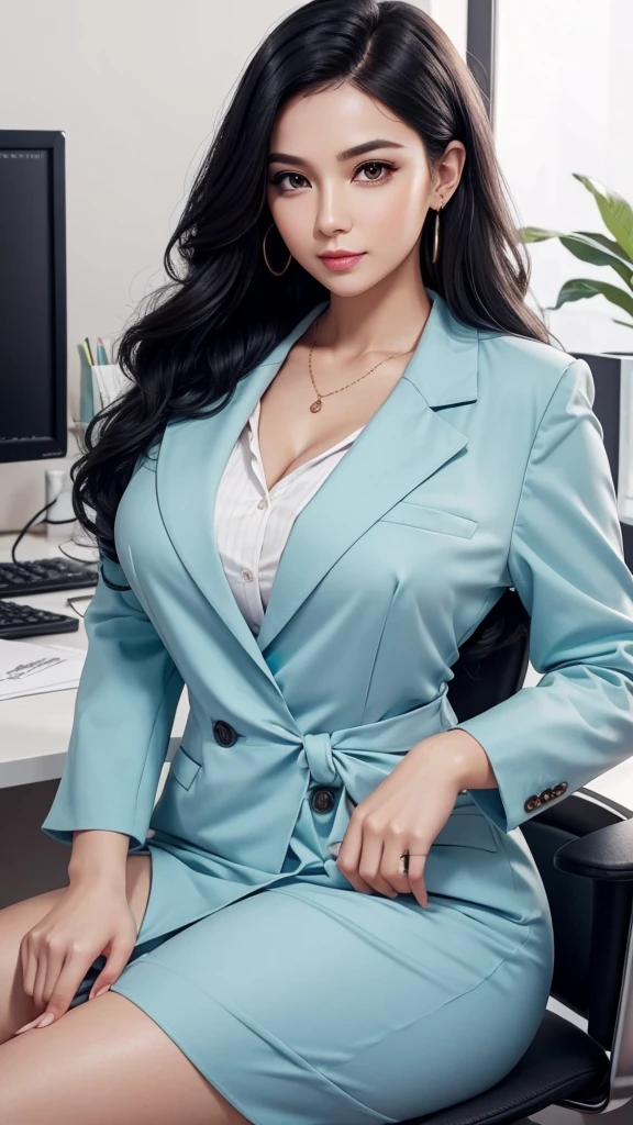 create a beautiful executive woman with a bald face, Big, made-up pjos in their busy office in pastel-colored formal clothes, who has long and wavy black hair
