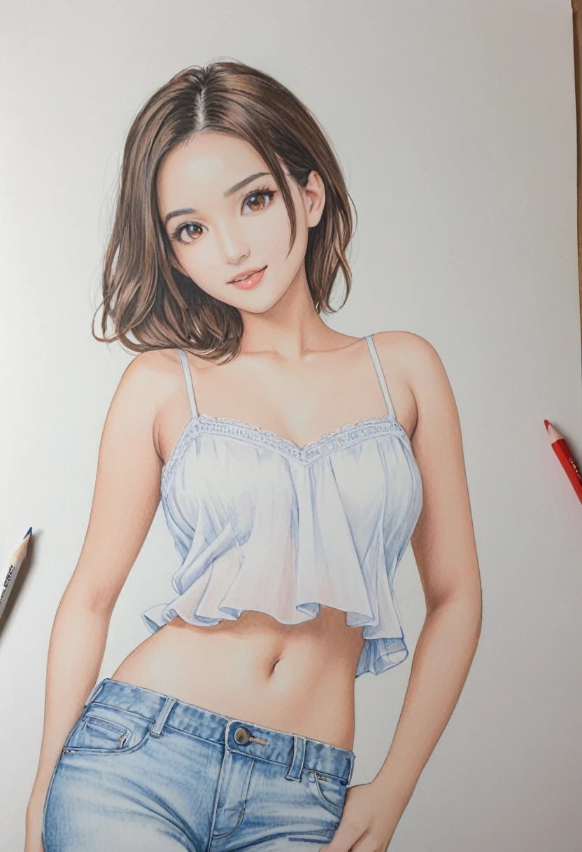 female,short camisole,white,Art,ad,colour pencil drawing,draft drawing