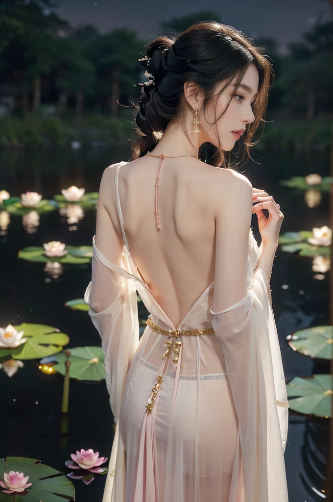 (((best quality))),(((ultra detailed))),(((masterpiece))),illustration,((1 beautiful young girl,solo)),((slim,thin)),(shoulder length straight hair:1.2),((earrings,necklace)),((bare back,towering hips,butt crack)),(see through traditional pink sheer Hanfu dress:1.3),(beside the lotus pond full of lotus flowers:1.3), serene moonlight, ethereal,floral pattern, water movement, billowing fabric, tranquil, moon reflection, petals, fireflies, magical, light,warm light, dreams, invitation, standing, gazing, reflection, inner thoughts, emotional, sweet scent, natural beauty, solitude, hypnotic lull, eternal summer, (night scene:1.3), natural world, human spirit, celebration, backdrop, water, glow,((from back)),(close-up of upper body:1.3)