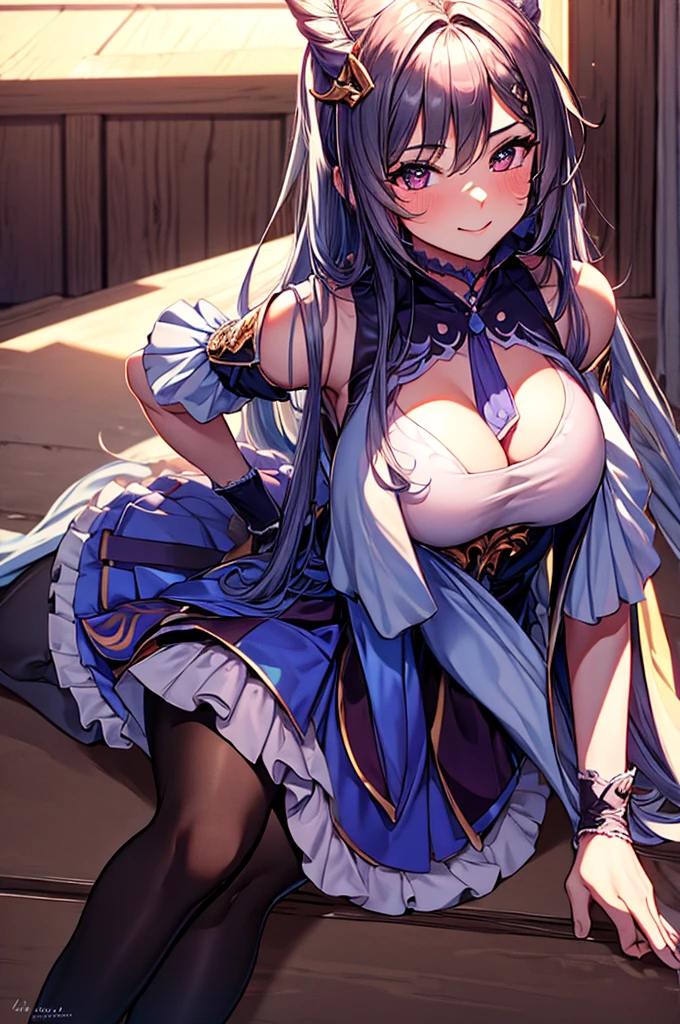 (high quality, 8k, 4K, High Contrast, masterpiece:1.2, 最high quality, Best aesthetics), , Maid, Very detailed, Seductive and erotic girl with lace headdress, smile, (large breast, black gloves), Focus on the face, Focus on the face, Complex eyes, tights, laced tights, coffee shop, Ground angle shot, Viewers looking up, feet in tights, Open-chested clothing