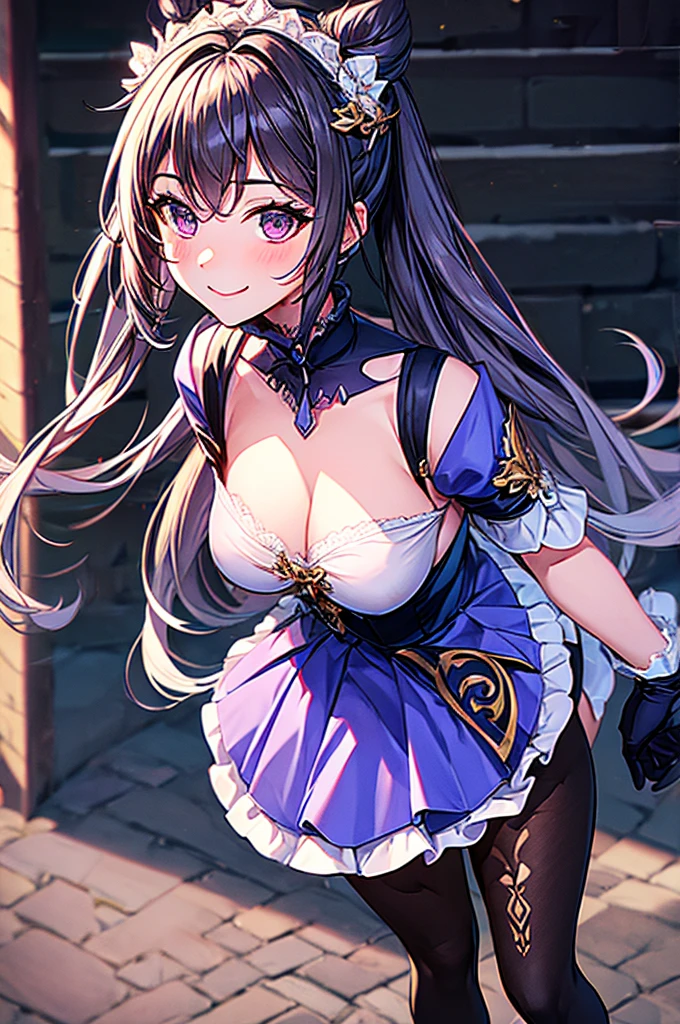 (high quality, 8k, 4K, High Contrast, masterpiece:1.2, 最high quality, Best aesthetics), , Maid, Very detailed, Seductive and erotic girl with lace headdress, smile, (large breast, black gloves), Focus on the face, Focus on the face, Complex eyes, tights, laced tights, coffee shop, Ground angle shot, Viewers looking up, feet in tights, Open-chested clothing