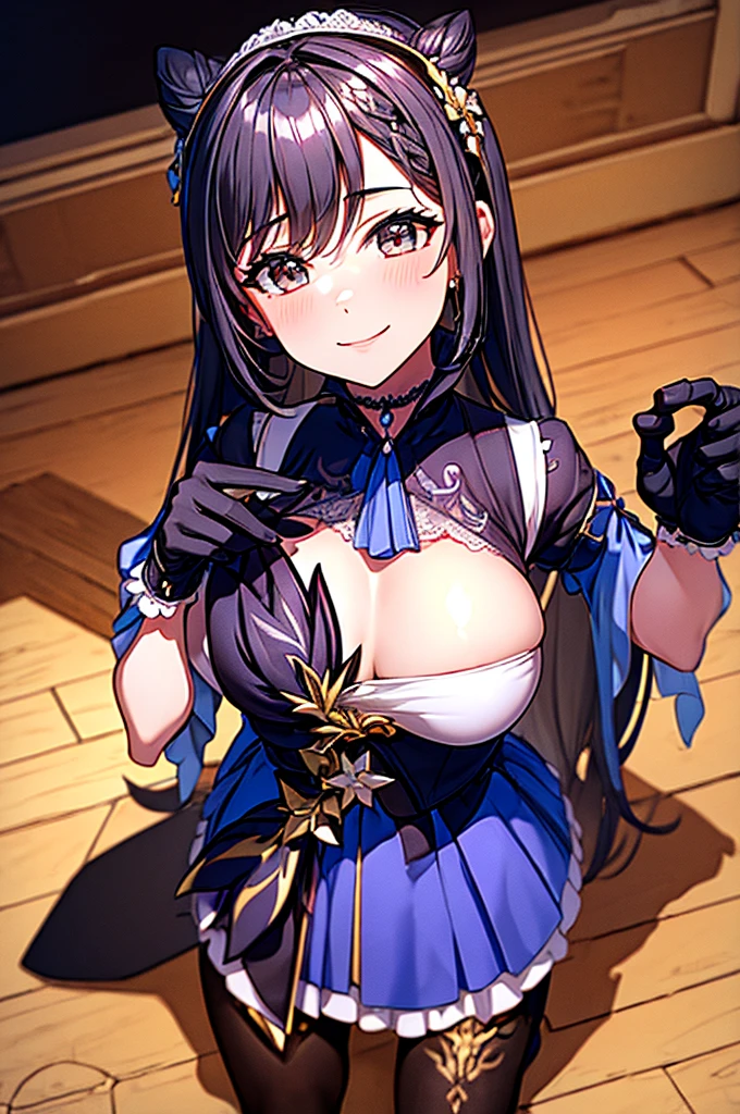 (high quality, 8k, 4K, High Contrast, masterpiece:1.2, 最high quality, Best aesthetics), , Maid, Very detailed, Seductive and erotic girl with lace headdress, smile, (large breast, black gloves), Focus on the face, Focus on the face, Complex eyes, tights, laced tights, coffee shop, Ground angle shot, Viewers looking up, feet in tights, Open-chested clothing