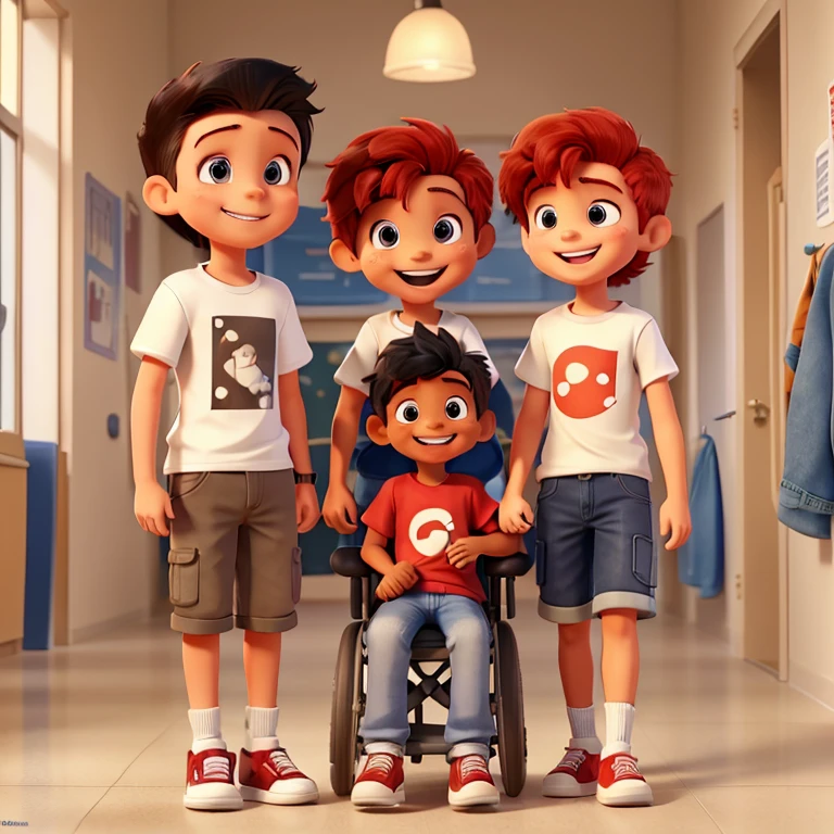 make a picture following the drawing boss. In a school yard portray inclusion.
a boy 7 year old, black hair and brown eyes, is smiling widely.
Beside him, a wheelchair-bound friend of the same age, red hair and happy expression.
The boy with black hair is wearing a white t-shirt with jeans and white sneakers.
Your friend in a wheelchair, with red hair, wears a white t-shirt with denim shorts and adapted shoes.
they are both laughing, enjoying each other's company.
Ao fundo, a hallway with light beige walls.