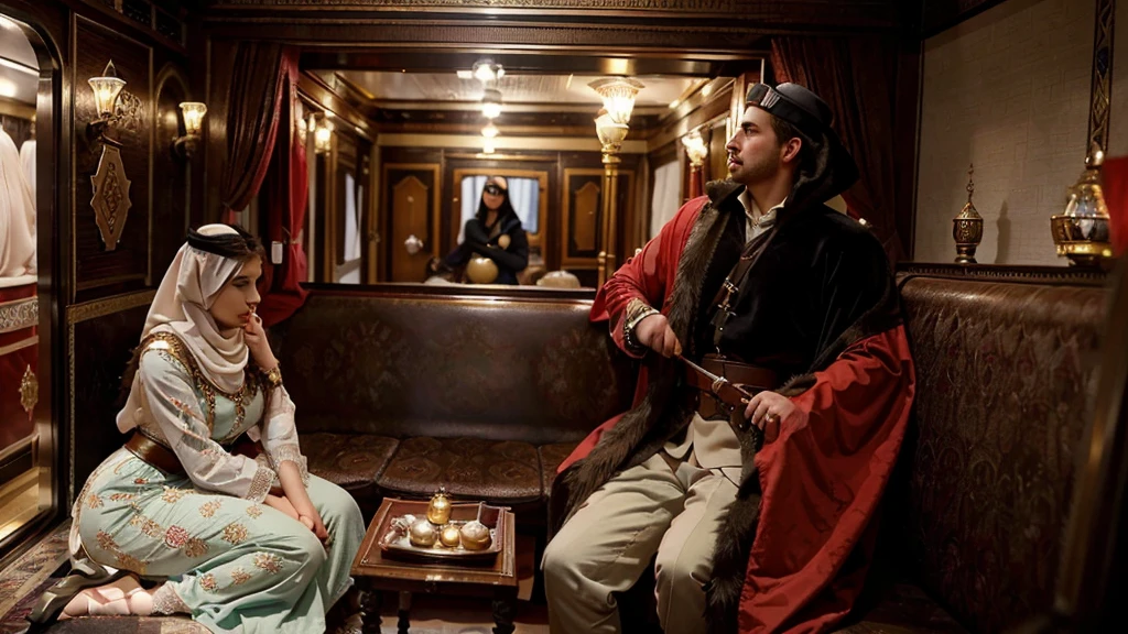 a 28 year old Kuwaiti princess girl, princess girl sexy body, princess girl huge breasts, historical, historical ottoman empire era, historical ottoman empire era princess laced detailed red coat, realistic, historical photo, ottoman empire era photo, in the historical train, at night, (((Kuwaiti princess girl and Russian soldier man talking))), Historical İstanbul view