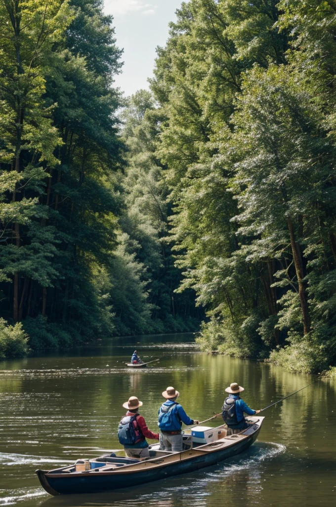 4 people on a boat fishing on a river with forest backgorund