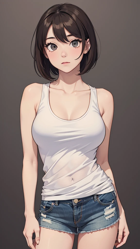 (((masterpiece, best quality, ultra highres, 1 girl, solo, no background))), super detailed skin and face and eyes and finger, beautiful japanese woman, small breasts:1.5, skinny, light brown hair, white background, very short pixie hair, Knee shot, Generate with illustrations, Various expressions, Various poses, Please draw the entire character within the frame, ensuring that the head, arms, and legs are not cut off. The background should be simple, with the character positioned centrally, outline, anime, 2d, boyish, tank top, denim shorts,