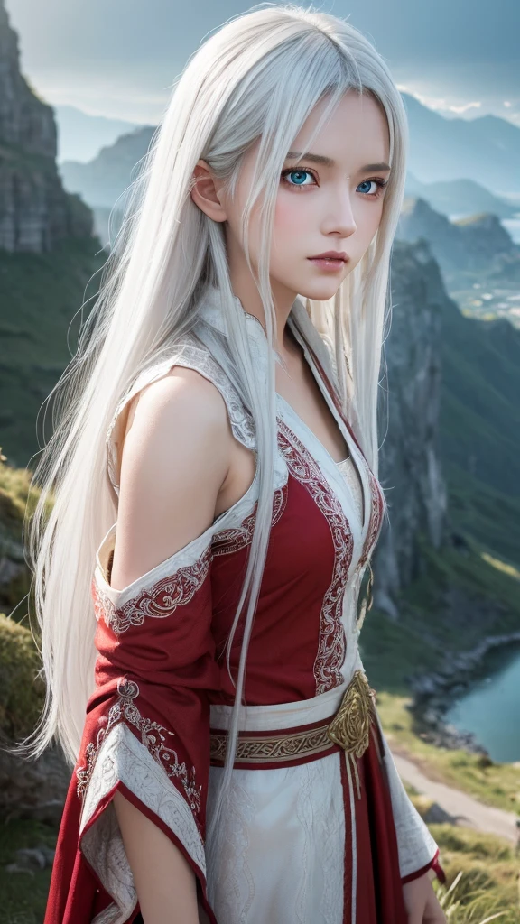 masterpiece, Highest quality, Very detailed, Lightning in the movie, Intricate details, High resolution, Official Art, Beautifully detailed face and eyes, High resolutionのイラスト, 8k, Depth of written boundary, Bokeh, alone, One girl, A girl with white hair and red eyes, Long white hair, Beautiful red eyes, Beautiful Landscape, Rainy Town, Upper Body, View your viewers, close