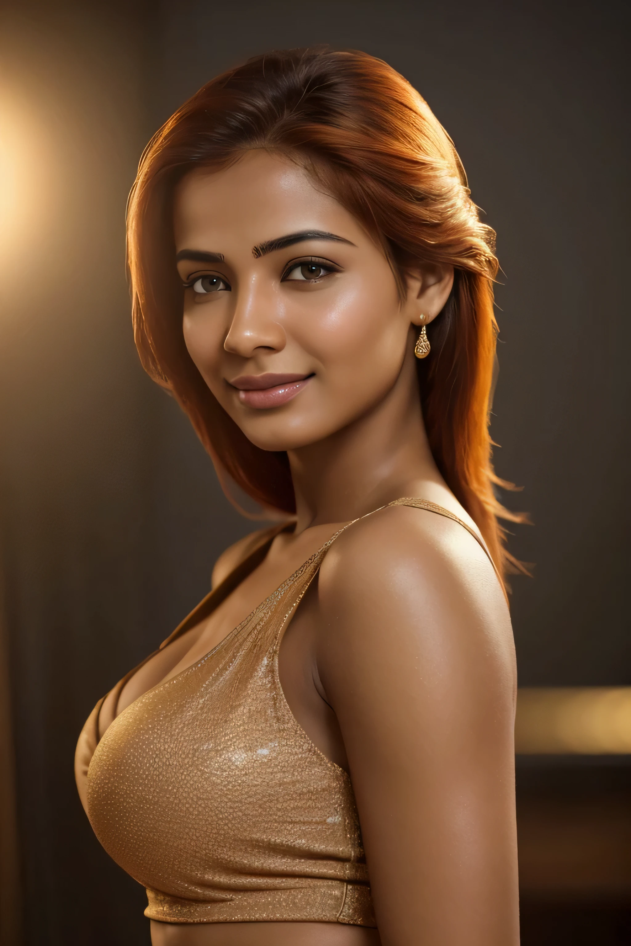 dressed, (photo realistic:1.4), (hyper realistic:1.4), (realistic:1.3), (smoother lighting:1.05), (increase cinematic lighting quality:0.9), 32K, full body of a girl,22yo girl, realistic lighting, sexy, orange hair, attractive woman, big breasts, backlighting, light on face, ray trace, (brightening light:1.2), full body, (Increase quality:1.4), (best quality real texture skin:1.4), finely detailed eyes, finely detailed face, (tired and sleepy and joy), (laugh:0), face closeup, saree, (Increase body line mood:1.1), (Increase skin texture beauty:1.1)