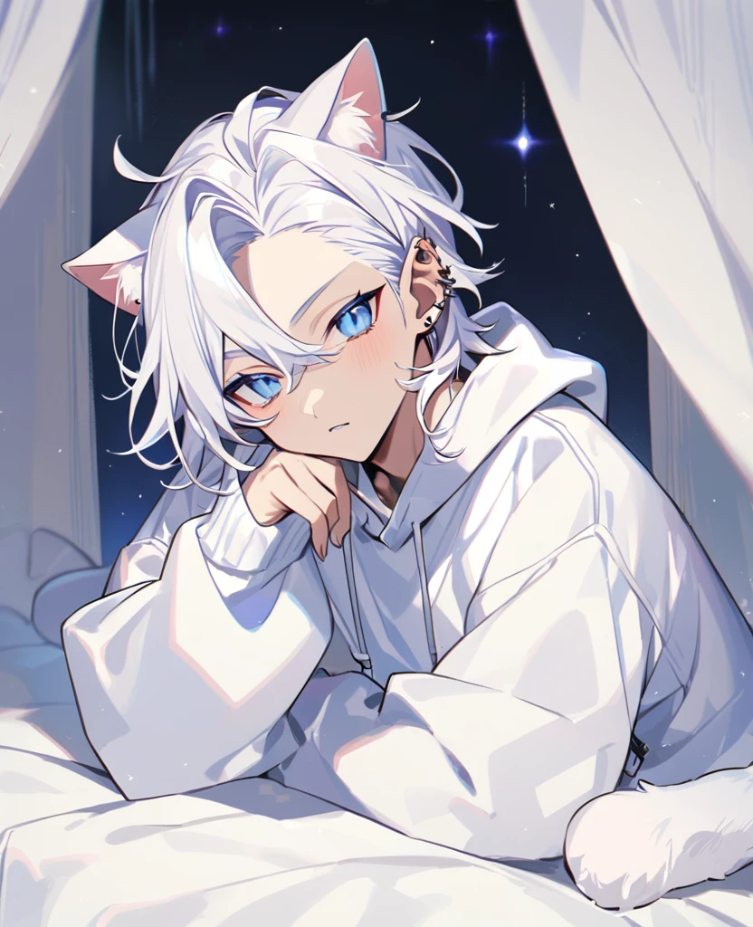 Male,5'4,pierced ears,light skin,blue eyes, white long hair half up half down,cat costume