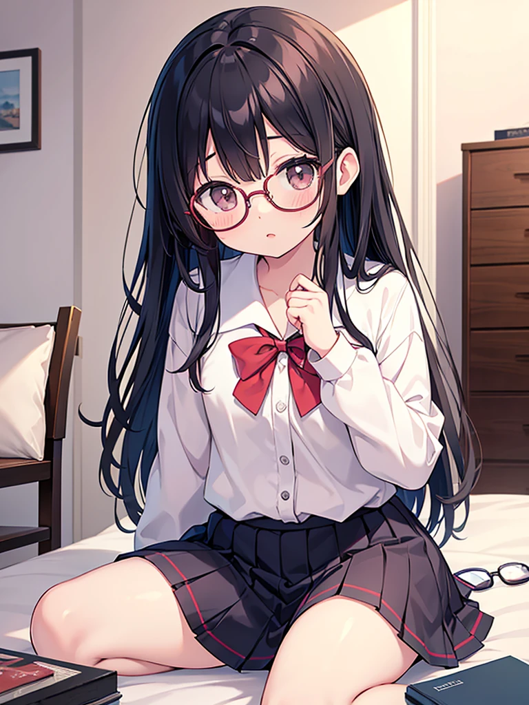 anime girl with glasses and a skirt laying on a bed, remodernism, optical illusion, by Nagasawa Rosetsu, girl with glasses, nagatoro, small girl, small glasses, girl wearing round glasses