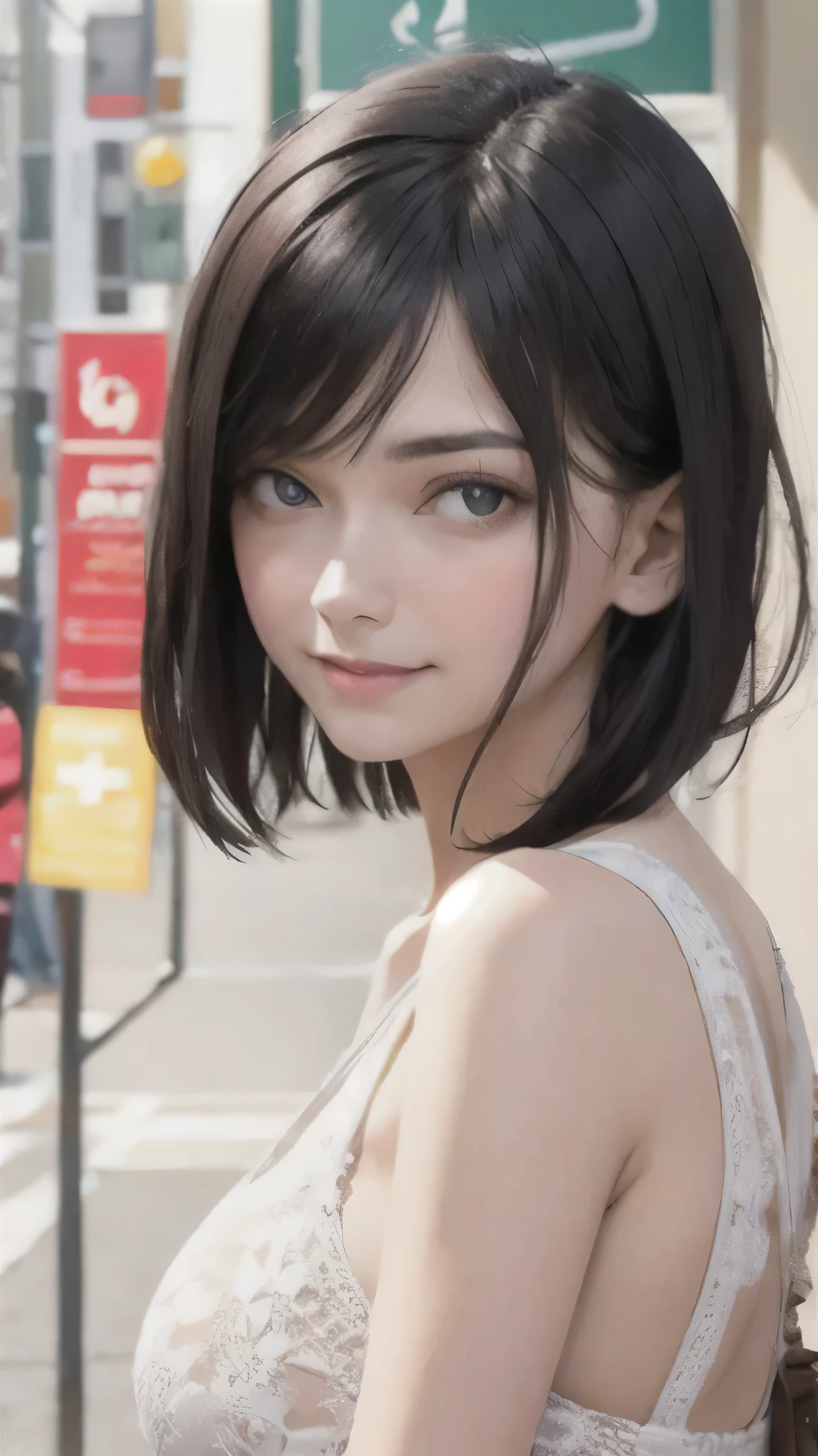 Ecstatic expression,portrait of a beautiful woman,alone,20-year-old,Beautiful Face,Upper Body,Big Breasts,Hair on one eye,Short Bob, Black Hair, Sharp focus