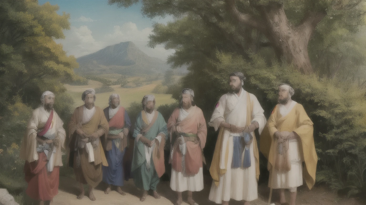 ((best quality)), ((masterpiece)), (detailed), A digital illustration of a group of ancient people wearing ancient attire searching for a person with greenery in the background