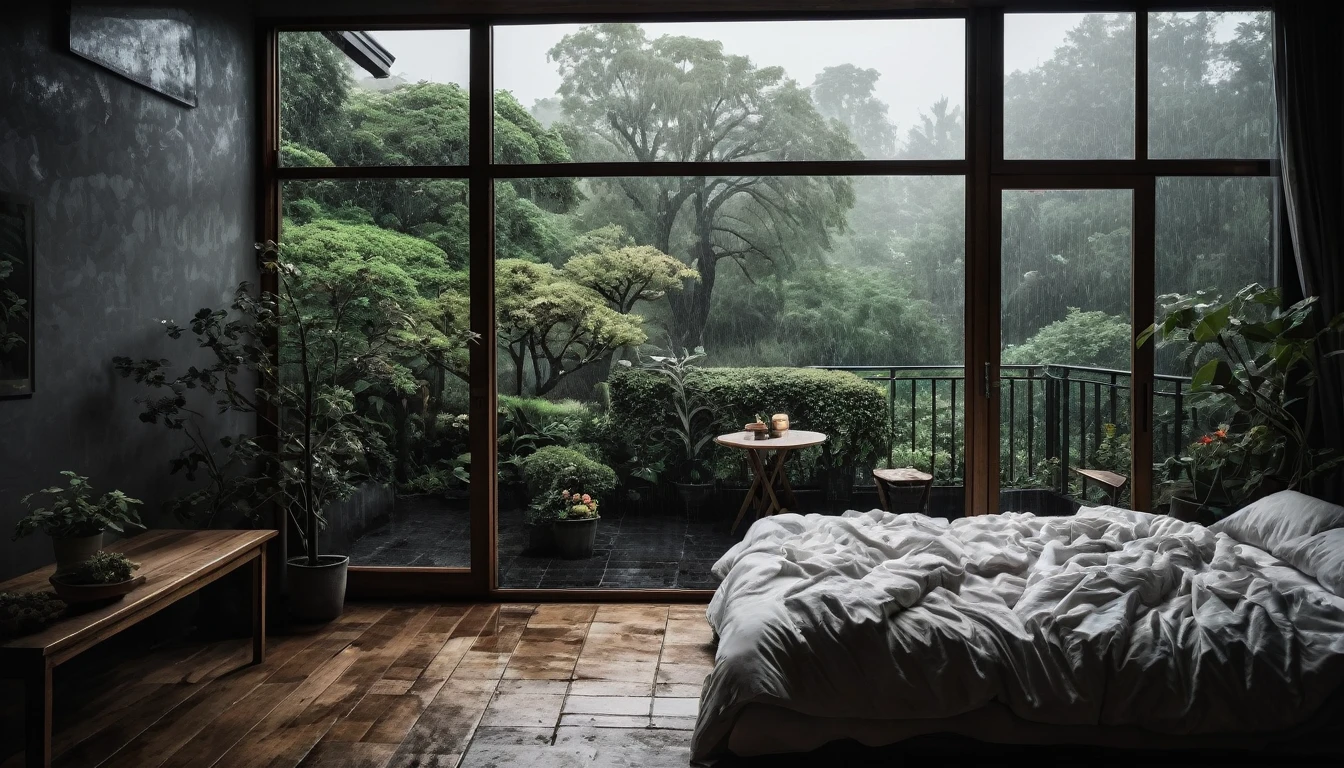 The picture shows a cozy gloomy bedroom, with a large window offering a view of a beautiful, dimly lit garden AND a garden soaked in FLOWERS, the cobblestones of the Japanese house concept. CINEMATIC, JAPANESE HOUSE, the shape of a Japanese house, and lots of flower gardens in the garden. The bed was unmade with rumpled sheets, indicating only a light sleep. the room is dark, gloomy, looks dim, gloomy. Beside the bed there is a small table with a classic lamp that radiates warm light into the room. Outside the window you can see the lush greenery of the terrace or balcony area, the rain is falling, the lamp on the left provides warm lighting, creating a calm and peaceful atmosphere. with fog obscuring part of the view in the distance. The contrast between the warmth indoors and the rain outdoors creates an inviting and calming atmosphere