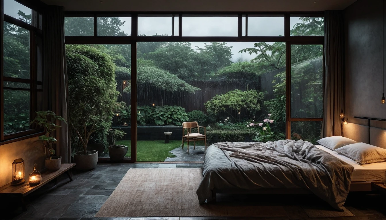 The picture shows a cozy gloomy bedroom, with a large window offering a view of a beautiful, dimly lit garden AND a garden soaked in FLOWERS, the cobblestones of the Japanese house concept. CINEMATIC, JAPANESE HOUSE, the shape of a Japanese house, and lots of flower gardens in the garden. The bed was unmade with rumpled sheets, indicating only a light sleep. the room is dark, gloomy, looks dim, gloomy. Beside the bed there is a small table with a classic lamp that radiates warm light into the room. Outside the window you can see the lush greenery of the terrace or balcony area, the rain is falling, the lamp on the left provides warm lighting, creating a calm and peaceful atmosphere. with fog obscuring part of the view in the distance. The contrast between the warmth indoors and the rain outdoors creates an inviting and calming atmosphere