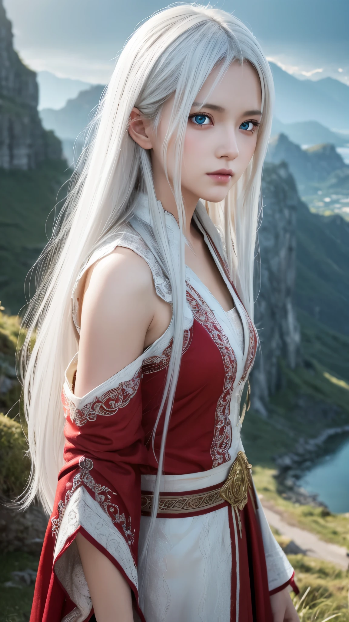 masterpiece, Highest quality, Very detailed, Lightning in the movie, Intricate details, High resolution, Official Art, Beautifully detailed face and eyes, High resolutionのイラスト, 8k, Depth of written boundary, Bokeh, alone, One girl, A girl with white hair and red eyes, Long white hair, Beautiful red eyes, Beautiful Landscape, Rainy Town, Upper Body, View your viewers, close