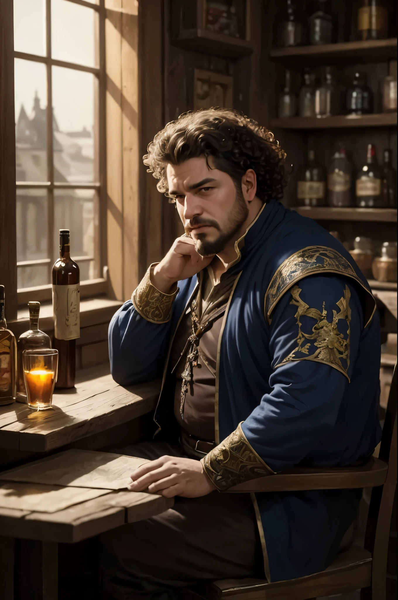 masterpiece, best quality, 1man, solo, fantasy art, male rogue, curly hair, slob, portrait view, face, drunk, lazy, facial hair, medieval clothes, chubby, middle aged, sitting in tavern, tired