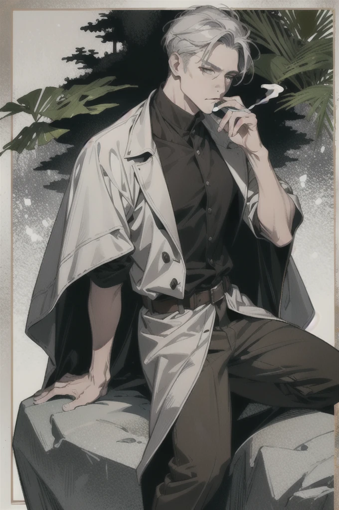 A white ex-military man in his 40s。Gray Hair。Wearing a brown cape。The background is a forest。He is sitting on a big rock and smoking a cigarette.。There is a sword nearby。