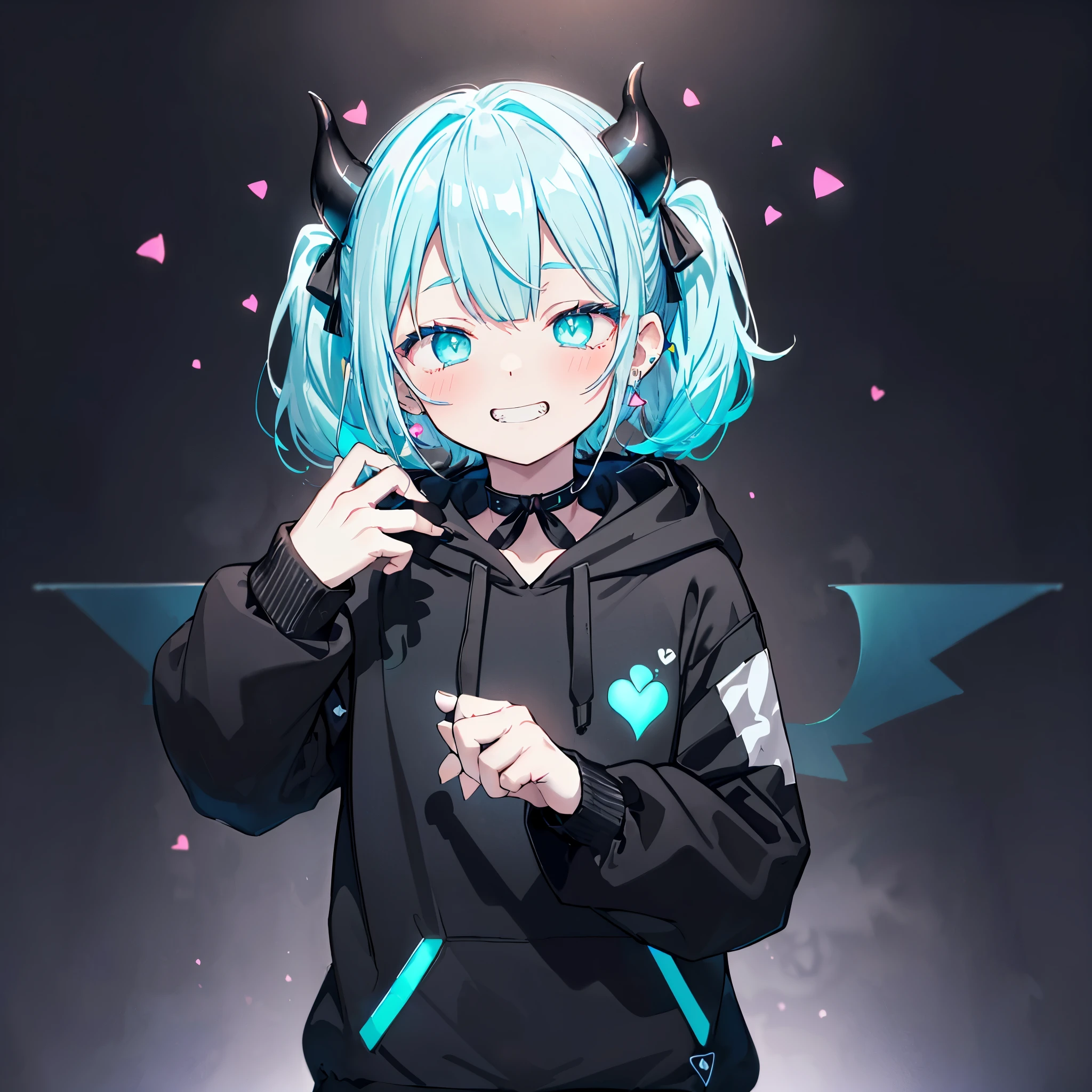 ((((jagged、Open your mouth、Grin　background、shining heart　Making a Heart　front))))　(((Black hoodie、Wearing a hood　Devil horns　Twin tails、Neon Blue　Neon Blueの目、Wink)))　((Shiny Earrings　Small black ribbon))　Shining Edges　輝くbackground