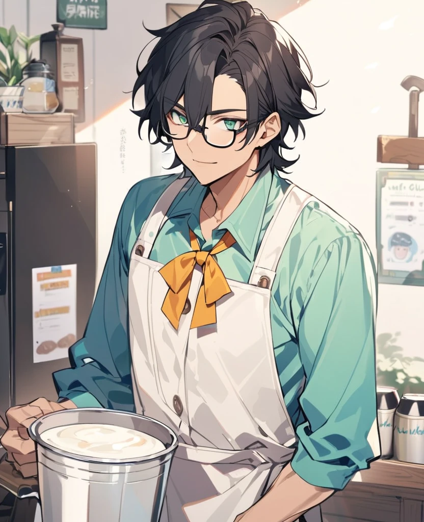 Male,5'8,glasses,light skin,green eyes,messy black hair,milkman costume