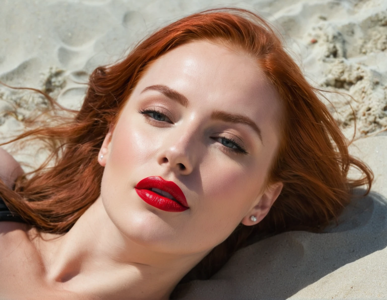 ruby is laying on sand with Red lipstick on her face, Woman with red hair, Red-Hairede Frau, red hair and attractive facial features, light-Red lips, Red lips, eine Red-Hairede junge Frau, luscious Red lips, sexy Red lips, smooth red skin, Red lipstick, Red-Haired, deep Red lips, Red-Hairede junge Frau, faint Red lips