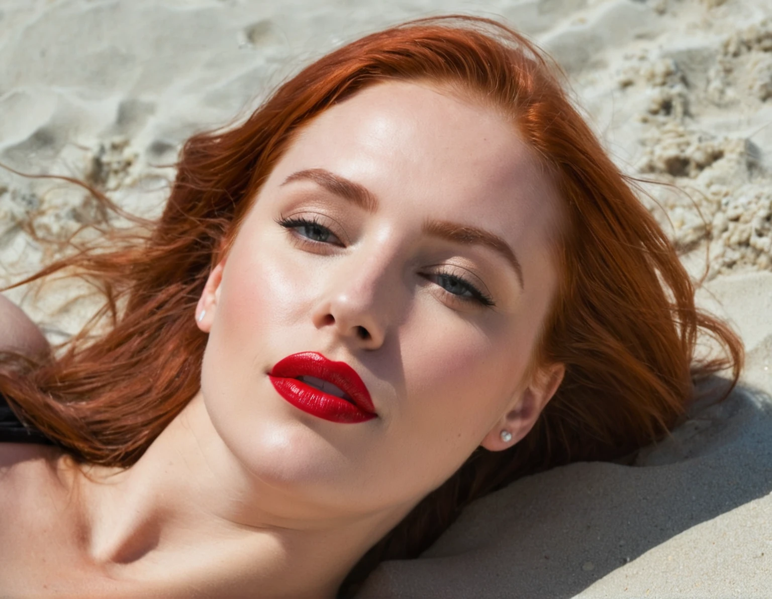 ruby is laying on sand with Red lipstick on her face, Woman with red hair, Red-Hairede Frau, red hair and attractive facial features, light-Red lips, Red lips, eine Red-Hairede junge Frau, luscious Red lips, sexy Red lips, smooth red skin, Red lipstick, Red-Haired, deep Red lips, Red-Hairede junge Frau, faint Red lips