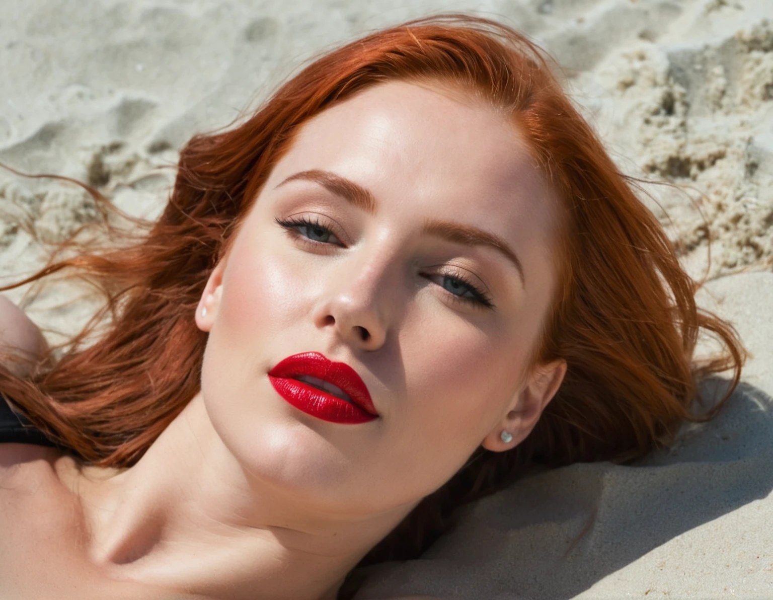 ruby is laying on sand with Red lipstick on her face, Woman with red hair, Red-Hairede Frau, red hair and attractive facial features, light-Red lips, Red lips, eine Red-Hairede junge Frau, luscious Red lips, sexy Red lips, smooth red skin, Red lipstick, Red-Haired, deep Red lips, Red-Hairede junge Frau, faint Red lips