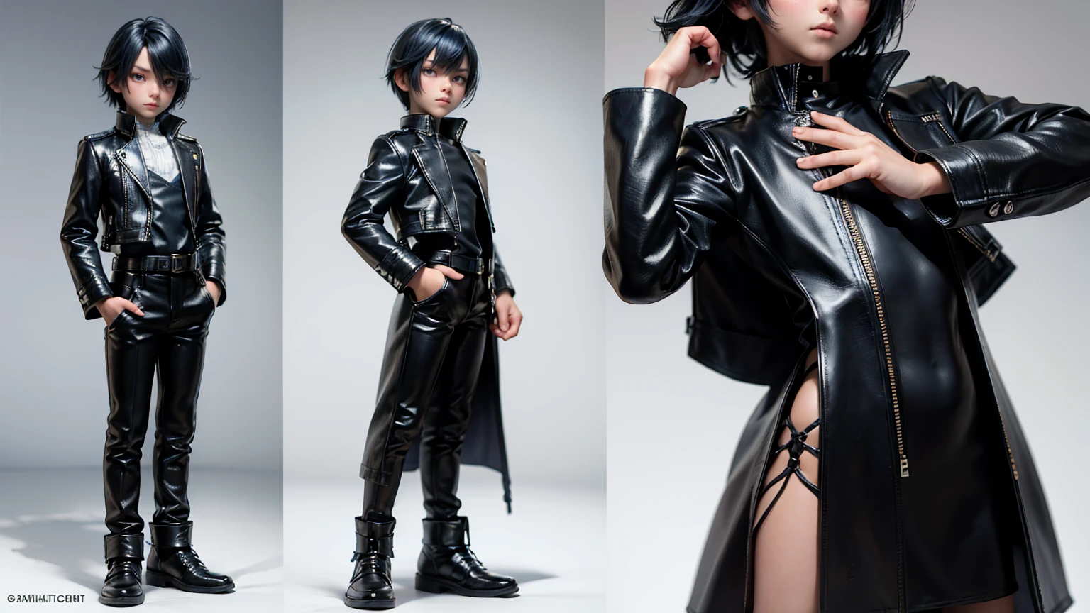 full body straight standing pose boy, 12yo student, Front Full body, blue side style hair, wearing leather style dress, white background, simple white background, character sheet,